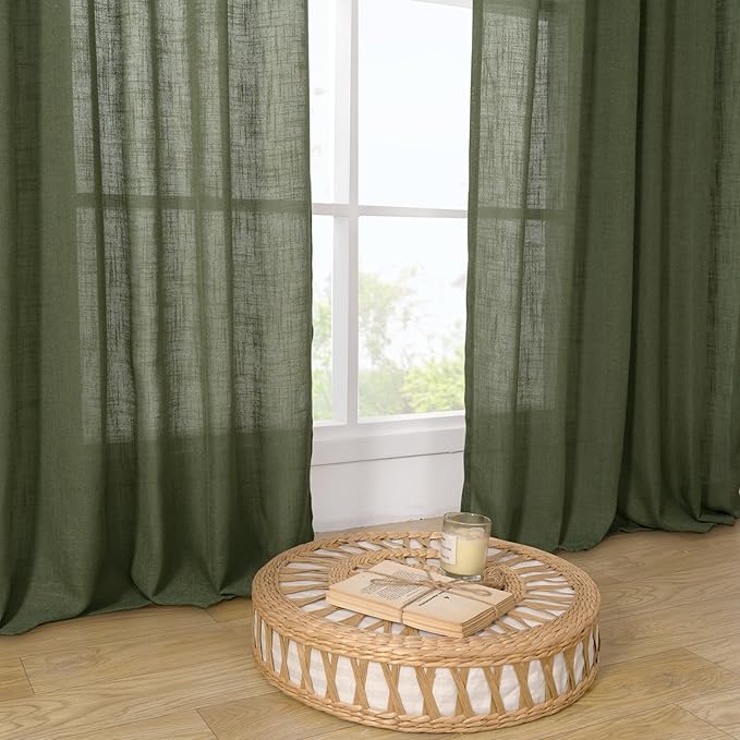 LAMIT Olive Green Linen Curtains 84 inch Length 2 Panels, Light Filtering Semi Sheer Panels Back Tab and Rod Pocket Christmas Drapes for Bedroom/Living Room, 34 x 84 Inch