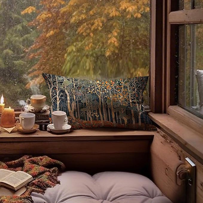 Rustic Autumn Forest Pillow Covers 20x12 Double-Sided, Fall Home Room Decor, Vintage Botanical Nature William Morris Inspired Decorative Throw Pillow Covers for Home Bedroom Living Room