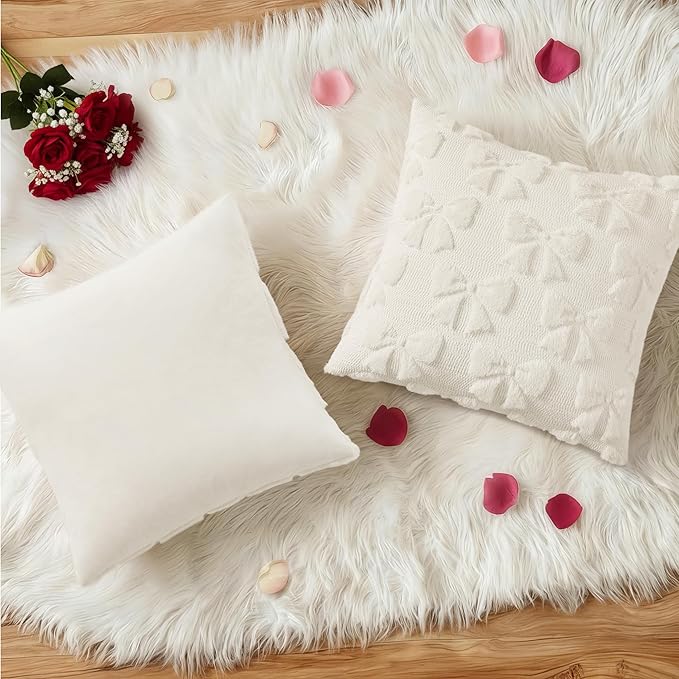 decorUhome Cream White Bow Pillow Covers Set of 2 Coquette Aesthetic Cute Preppy Plush Faux Pillowcases for Girly Bedroom or Couch 16x16 Inch