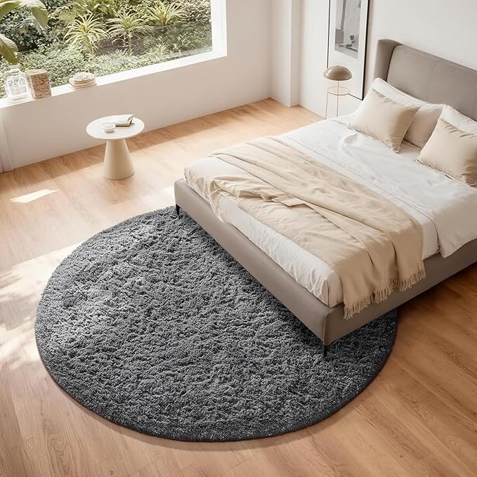 Ophanie Round Rug 7Ft Grey Circle Area Rugs, Large Fluffy Fuzzy Living Room Carpet 7 foot, Plush Shag Solid indoor Floor Gray Bedroom Christmas Circular Aesthetic Decor for Kids Teen Boys Baby,Nursery