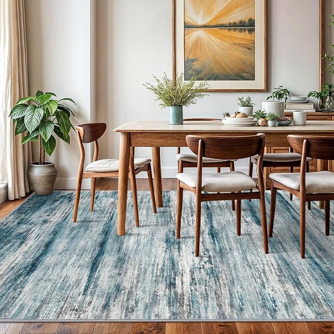 KOZYFLY Area Rug 6x9 Modern Ombre Rugs for Living Room, Washable Large Thin Rugs Non-Slip Soft Striped Rug for Bedroom, Print Blue Abstract Carpet for Laundry/Kid Room