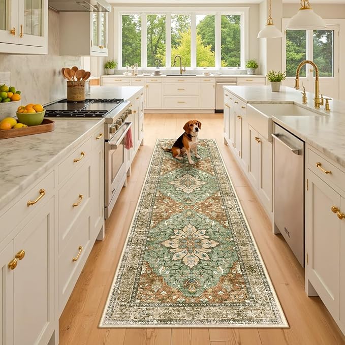 Area Rugs 2'x8' Runner Rug Non Slip Washable for Kitchen Hallway Bedroom Beside Laundry Room Bathroom Rug, Floor Carpet, Brick Red Rust Neutral Brown Burnt Orange Green