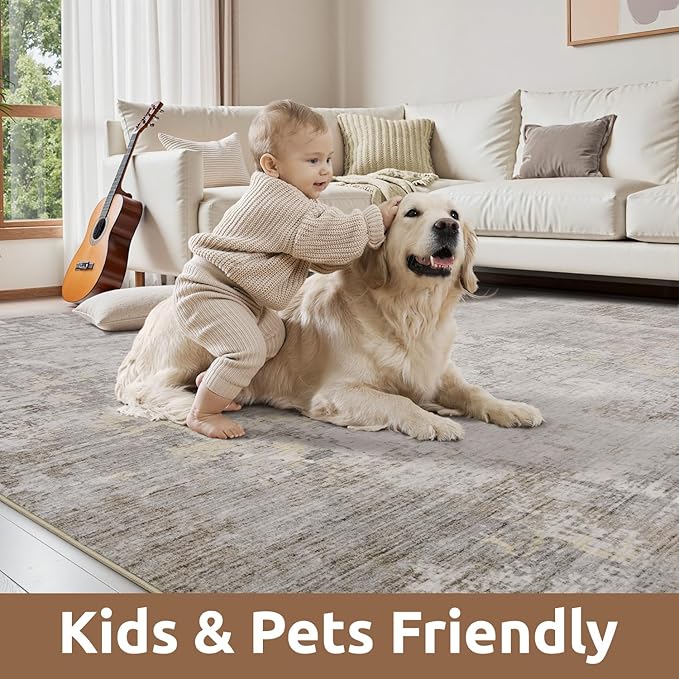 8 x 10 Area Rugs for Living Room, Machine Washable Non Slip Rug Ultra Soft Low Pile Indoor Carpet Modern Abstract Rugs for Bedroom Office Room Dining Room Beside, Beige