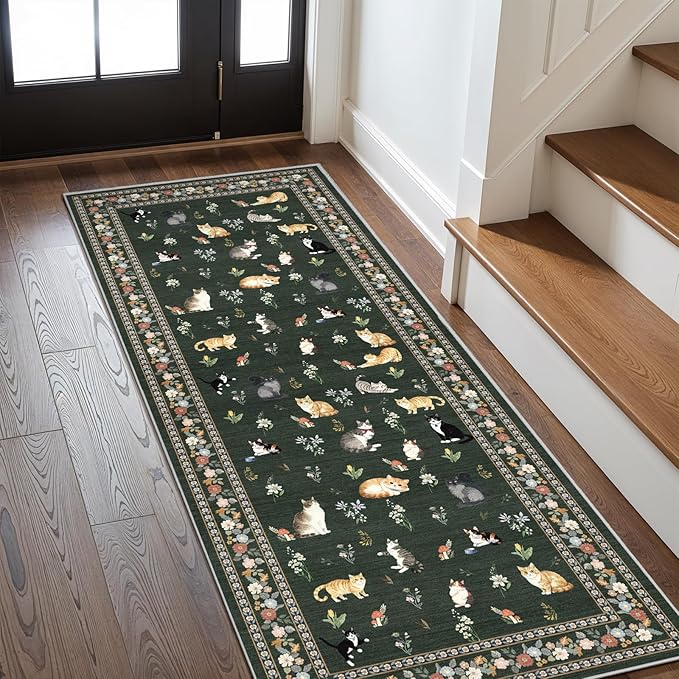 2x6 Washable Kitchen Runner Rug - Soft Low Pile Floral Animal Cat Print Rugs with Non-Slip Backing Waterproof Stain-Resistant Indoor Carpet for Hallway Entryway Bathroom Bedroom (Sage Green)