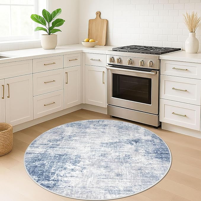 IOHOUZE Round Area Rug 5 Ft Circle Entryway Rugs Round Washable Door Mat Indoor Entrance, Non Slip Circle Front Door Rug, Printed Abstract Faux Wool Floor Carpet for Foyer Porch Sink, Light Blue Grey