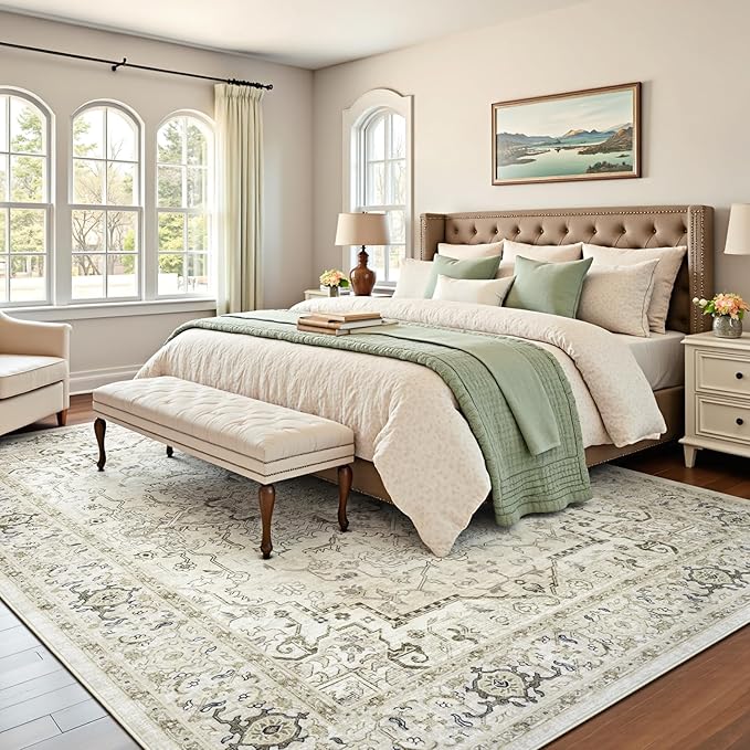Lofus 6x9 Area Rugs for Living Room, Washable Area Rug, Rugs for Bedroom, Kitchen, Vintage Boho Carpet, Soft Non-Slip, Low Pile Large Area Rug for Office Dining Room, Beige and Brown