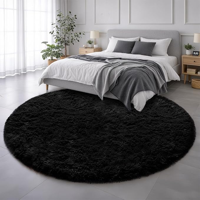 Black Round Rugs 5Ft for Bedroom Aesthetic, Fluffy Plush Circle Area Rugs for Living Room, Fuzzy Modern Cool Throw Carpet for Baby Kids Teen Boys Mens, Office Playroom Nursery Apartment Home Decor