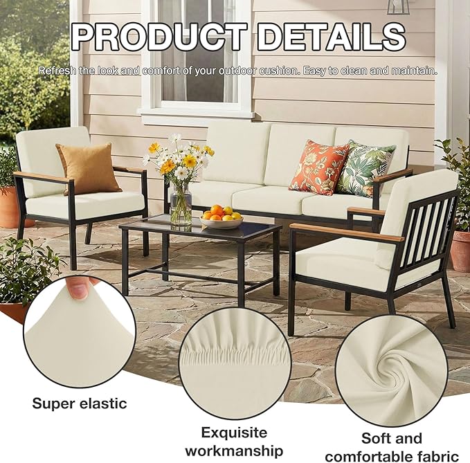 hyha 8Pcs Patio Cushion Covers, Stretch Outdoor Couch Cushion Covers Replacement, Washable Outdoor Chair/Sofa Slipcovers for Patio Furniture Cushions Protector with Elastic Bottom(Beige,Cover Only)
