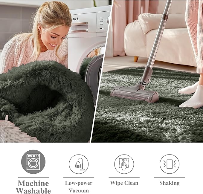 OLANLY Olive Green Round Rugs for Bedroom - Machine Washable, 8 ft Circle Area Rugs for Living Room, Soft and Fluffy Shaggy Carpet for Teen Girl and Boys, Nursery Rooms, Dorms, Home Decor Aesthetic