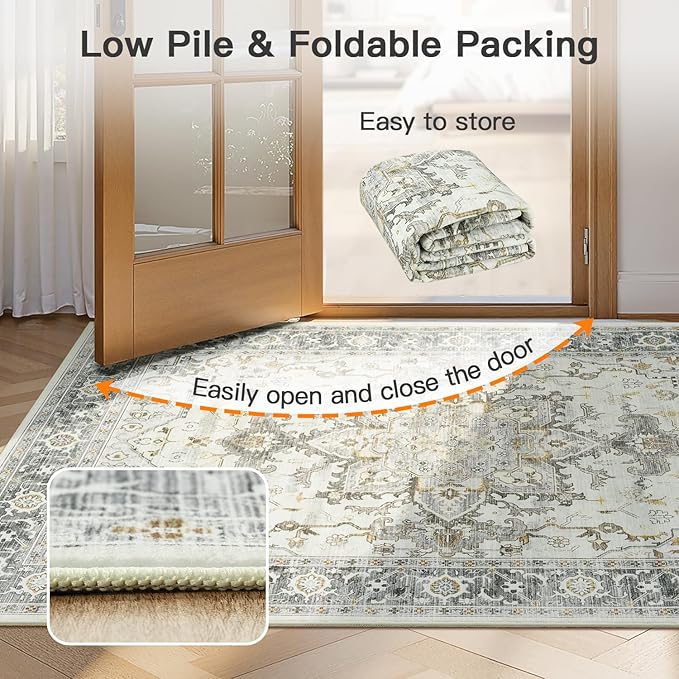 Lofus 8x10 Area Rugs for Living Room, Machine Washable Non-Slip Area Rug, Low Pile Large Rugs for Bedroom, Kitchen, Dining Room, Home Office, Vintage Oriental Print Rug, Taupe Grey