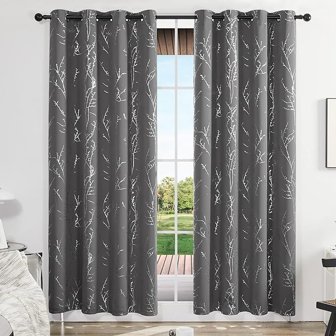 Deconovo Blackout Curtains 95 Inches Long, Light Gray Drapes for Living Room, Branch Silver Print, Soundproof Thermal Insulated Privacy Window Curtain for Bedroom Nursery, Set of 2, Machine Washable