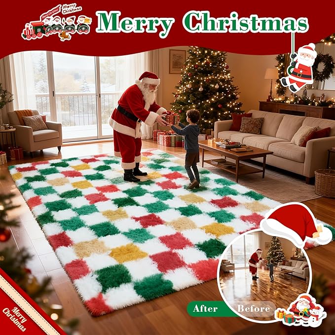 Christmas Area Rug 6x9 for Bedroom Living Room,Checkered Shag Rug Fuzzy Shaggy Bedside Carpet,Indoor Plush Floor Rugs for Kids Boys Girls Room Holiday Home Decor