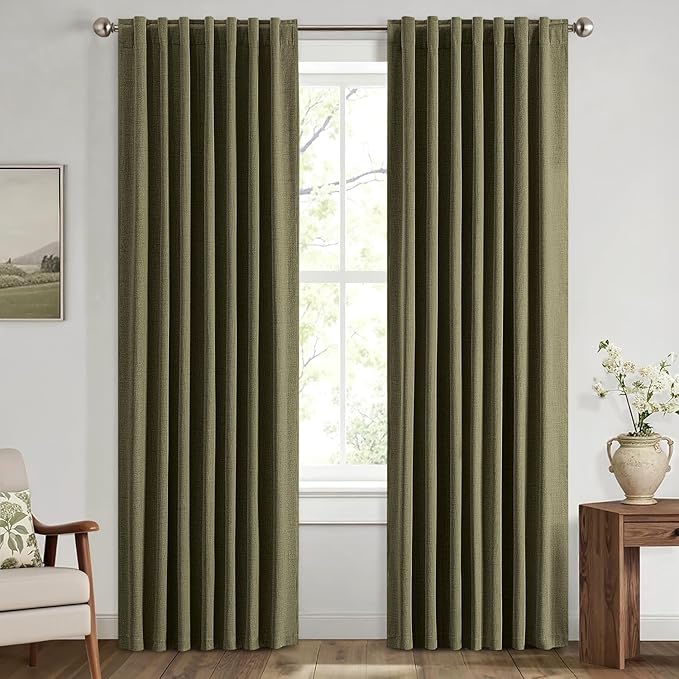 MIULEE 100% Blackout Linen Curtains for Bedroom, Light Olive Green Solid Luxury Decor Thermal Insulation Room Darkening Drapes for Living Room Nursery Back Tab Rod Pocket 42 x 84 Inches, 2 Panels