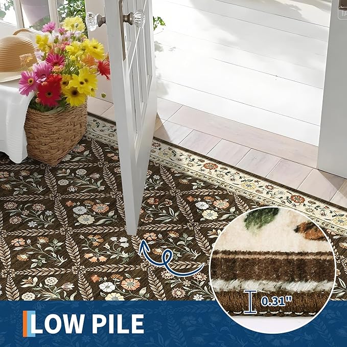 Runner Rug for Hallway Entryway 2.5x8 Farmhouse Floral Non-Slip Machine Washable Kitchen Rug Runner Non-Shedding Low-Pile Soft Long Carpet for Entrance Laundry Room Brown