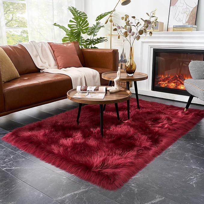 EasyJoy Ultra Soft Fluffy Shaggy Area Rug Faux Fur Rug Chair Cover Seat Pad Fuzzy Area Rug for Bedroom Floor Sofa Living Room (4 x 6 ft Rectangle, Burgundy)
