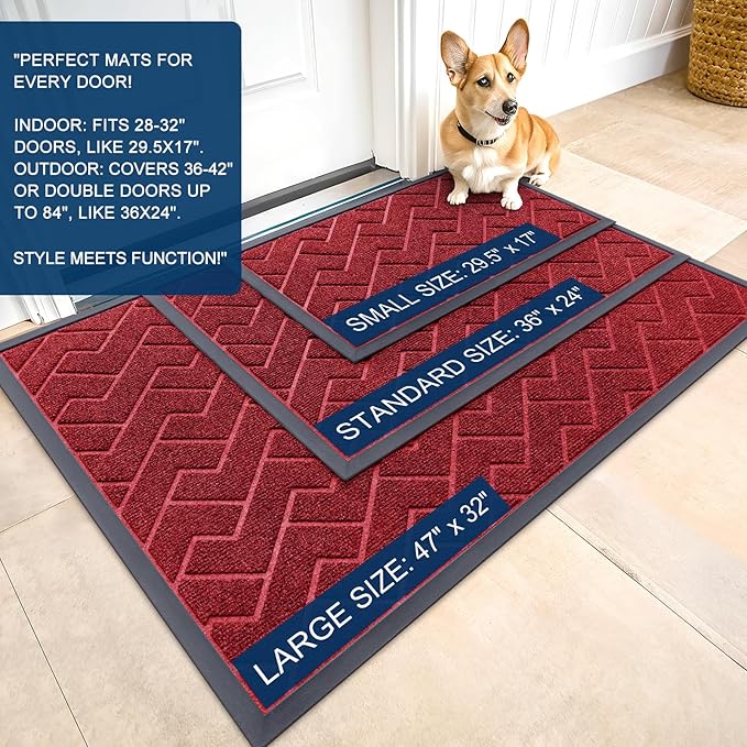 OLANLY Front Door Mat Indoor Outdoor Entrance, Waterproof All-Season, All-Weather Doormat, Sturdy Natural Rubber, Easy Clean Patio Porch Entryway Mat, Herringbone Brick (Wine Red, 29.5x17)