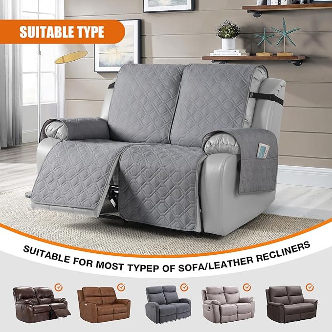 VANSOFY Waterproof Recliner Couch Covers, Sofa Covers 1-Piece Washable Reclining Sofa Cover Non-Slip Furniture Protector with Elastic Straps Pocket for Dogs, Pets(Light Gray,Oversized 2 Seater)
