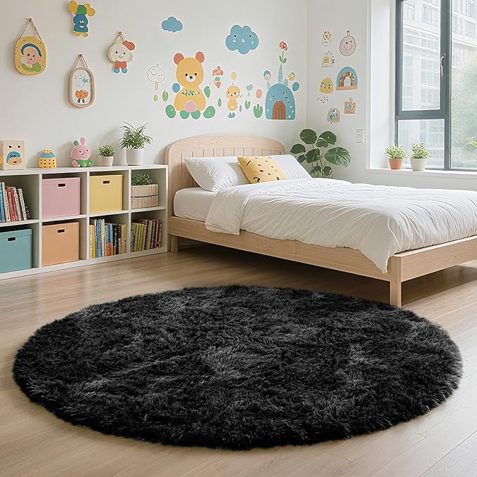 yulidayang Black Fluffy Round Area Rugs for Bedroom,4Ft Shag Circle Area Rugs for Living Room,Non Slip Fuzzy Plush Rug for Kids Boys Girls Room and Dorm Home Decor Rug