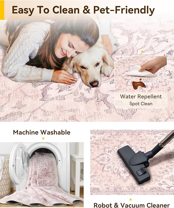 RELEANY Area Rugs 6'x8' Washable Non-Slip, Floral Vintage Distress Print Pattern Medallion Carpet for Living Room Bedroom Dining Room, Pink Greypink Cute