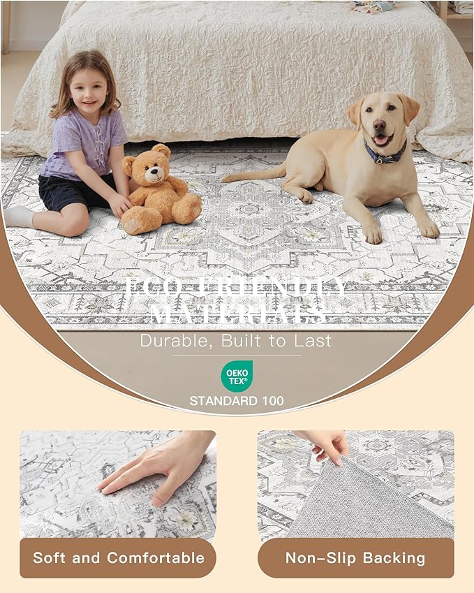 Madane Hallway Runner Rug 2x12, Long Washable Runner Rugs 12ft with Rubber Backing, Non Slip Carpet Runner, Vintage Rug Runners for Kitchen Laundry Room Entryway (Grey, 2'x12')