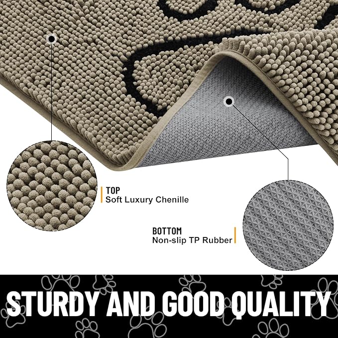 Smiry Dog Door Mat for Muddy Paws, Absorbent Dirt Trapper Non Slip Quick Dry Washable Chenille Mat for Mud Dogs, Entry Rug for Indoor and Outdoor (48x30 Inches, Warm Taupe and Black)