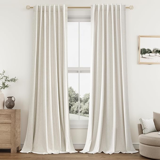 Guken Cream 100% Blackout Linen Curtains 108 Inch Length 2 Panels Set for Living Room Bedroom Back Tab Thermal Insulated Black Out Drapes Room Darkening Farmhouse Window Curtains 52x108