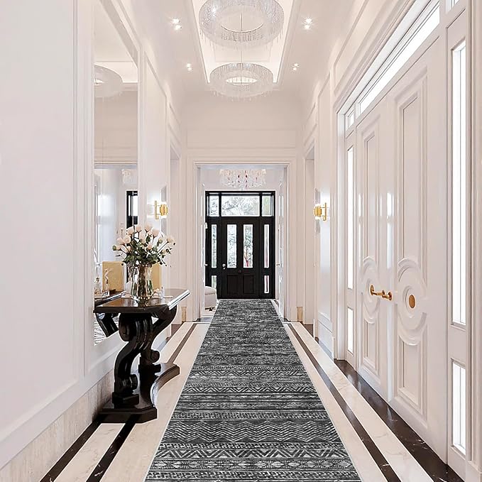 Moroccan 2'6"x8' Hallway Runner Rug - Kitchen Rugs Washable Bedroom Floor Carpet Non-Slip Living Room Rug Rubber Backing Mat Low Pile 2'6"x8' Black