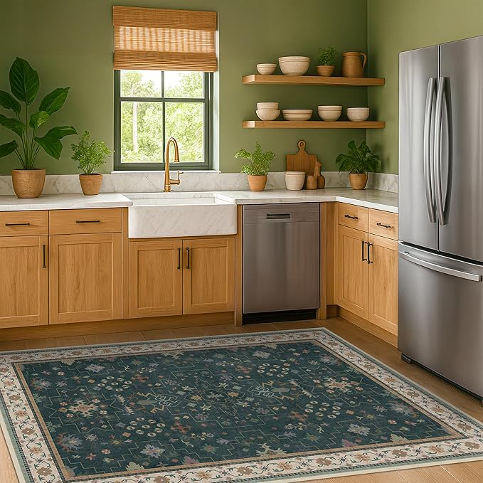 Hazo Haus Dark Green 4x6 Living Room Rug - Modern Vintage Boho Floral Forest, Washable Low Pile Non-Slip Area Rugs for Door Mat Entrance, Mudroom, Kitchen, Bedroom Beside Bed, Office
