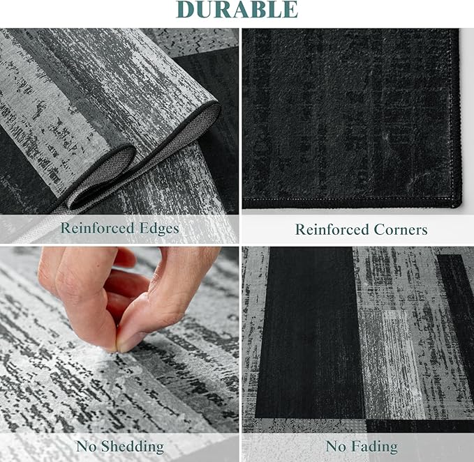 LIANLAM 2x6 Washable Runner Rug for Hallway&Kitchen,Non-Slip Long Carpet with Vintage Checkered Design,Ultra-Thin Low Pile,Stain Resistant Easy Clean Floor Mat for High Traffic Areas(2x6,Gray)