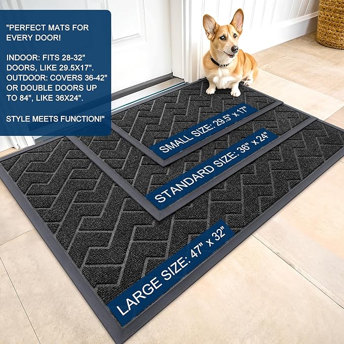 OLANLY Front Door Mat Indoor Outdoor Entrance, Waterproof All-Season, All-Weather Doormat, Sturdy Natural Rubber, Low Profile, Easy Clean Patio Porch Entryway Mat, Herringbone Brick (Black, 47x23)