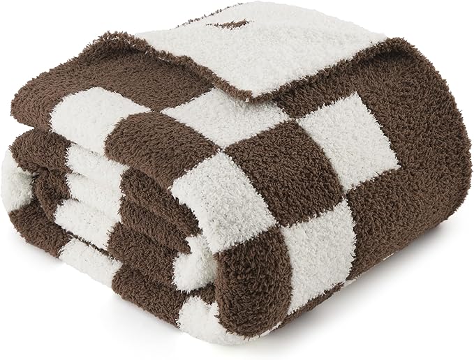 Bedsure GentleSoft Checkered Throw Blanket for Couch - Super Soft Cozy & Warm Knit Brown Blanket, Breathable, Lightweight & Fluffy Plaid Blankets for Bed,Sofa, Gifts for Women Men, 50x60 Inches
