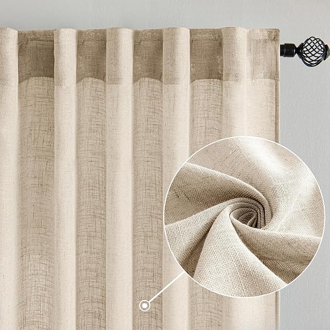 MIULEE Light Taupe Linen Curtains 96 Inches Long 2 Panels for Bedroom Living Room, Soft Linen Textured Window Drapes Semi Sheer Light Filtering Back Tab Rod Pocket Farmhouse Modern Burlap Look Decor