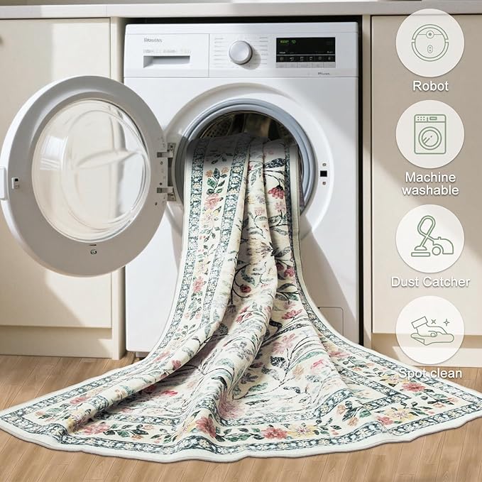 Round Area Rug for Living Room: 6 ft Floral Washable Circle Rug Soft Non-Slip Carpet Indoor Stain Resistant Low Pile Small Circular Rug for Bedroom Entryway Kitchen Nursery Home Office Green Beige