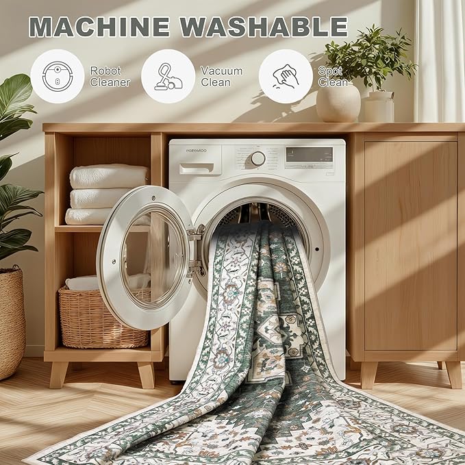 5x7 Area Rugs Living Room Rug: Washable Vintage Boho Medallion Rug No Slip Stain Resistant Soft Carpet Indoor Large Carpets for Bedroom Dining Room Farmhouse Nursery Hallway Home Office Green Ivory