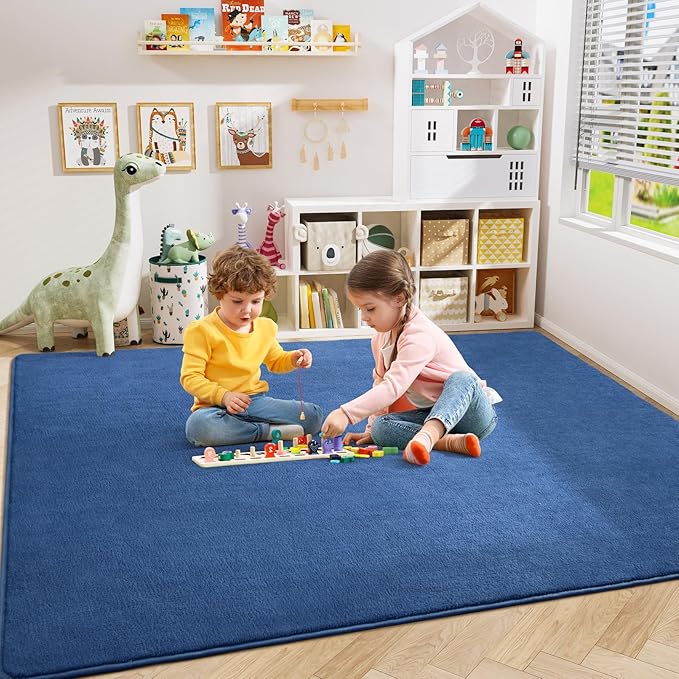 Amearea Modern Area Rugs for Bedroom Living Room, 4x6 Feet Blue Thickened Memory Foam Rug, Fluffy Indoor Washable Rugs Non Slip Minimalist Carpet for Kids Boys Girls Dorm Nursery Room Decor