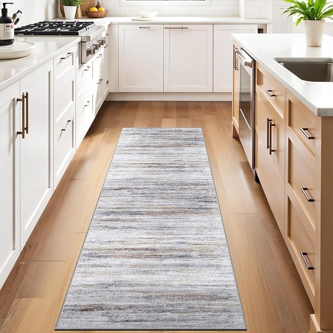 3x7 Washable Runner Rug for Family: Easy-to-Clean Runners for Hallway Entryway Kitchen Bedroom - Stain and Water Resistant Rugs with Non-Slip Backing - Soft Low-Pile Carpet Beige Grey
