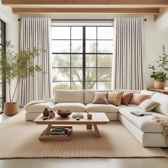 Topfinel 105 Inches Long Blackout Natural Linen Curtains for Bedroom, Rustic Brown Pinch Pleat Sound Blocking Curtains, Neutral Farmhouse Lined Drapes 2 Panels for Living Room Sliding Door