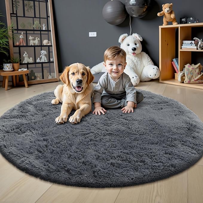 OLANLY Grey Round Rugs for Bedroom - Machine Washable, 7 ft Circle Area Rugs for Living Room, Soft and Fluffy Shaggy Carpet for Teen Girls and Boys, Nursery Rooms, Dorms, Home Decor Aesthetic