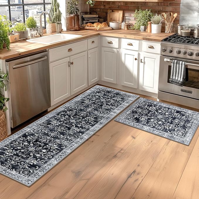 Yamaziot Washable Runner Rug 2x3 – Non Slip Small Entryway Rug Boho Floral Rug with Rubber Backing, Low Pile Faux Wool Distressed Carpet for Indoor Door Mat, Kitchen, Laundry Entrance, Navy/Black