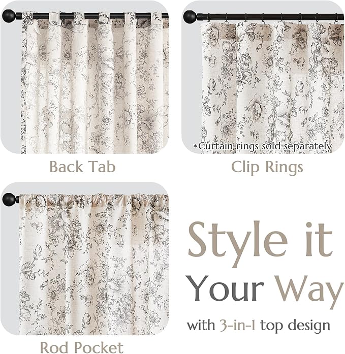 jinchan Linen Blend Curtain Floral Curtains for Living Room 54 Inch Length Black Printed Curtain Rod Pocket Back Tab Farmhouse Peony Flower Patterned Drapes Bedroom Window Curtains Set 2 Panels