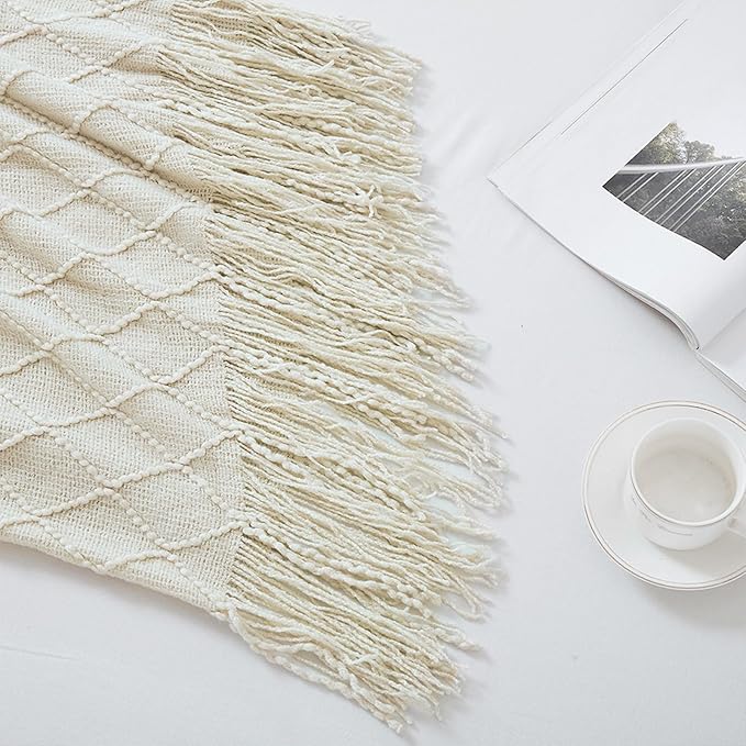 BOURINA Beige Throw Blanket 50x60 Inches Throw Textured Solid Soft Sofa Couch Decorative Knit Blanket