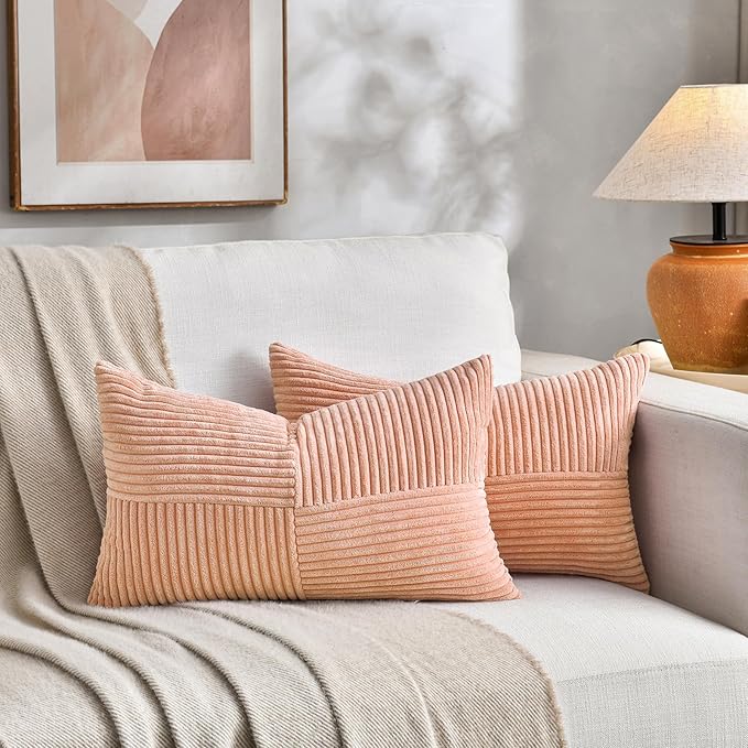 Fancy Homi 2 Packs Peach Lumbar Decorative Throw Pillow Covers 20x28 Inch for Living Room Couch Bed Sofa, Rustic Farmhouse Boho Home Decor, Soft Striped Corduroy Rectangle Accent Cushion Case 50x70 cm