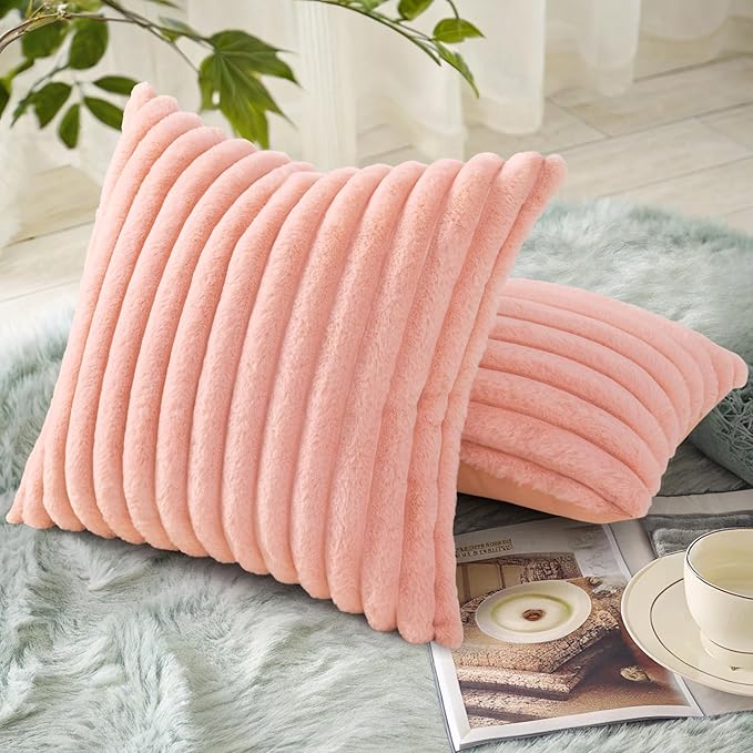decorUhome Summer Cozy Faux Fur Throw Pillow Covers 26x26 Set of 2 Decorative Plush Striped Modern Farmhouse Boho Couch Euro Sham Pillow Cases with Velvet Back for Sofa Bed Living Room, Blush Pink