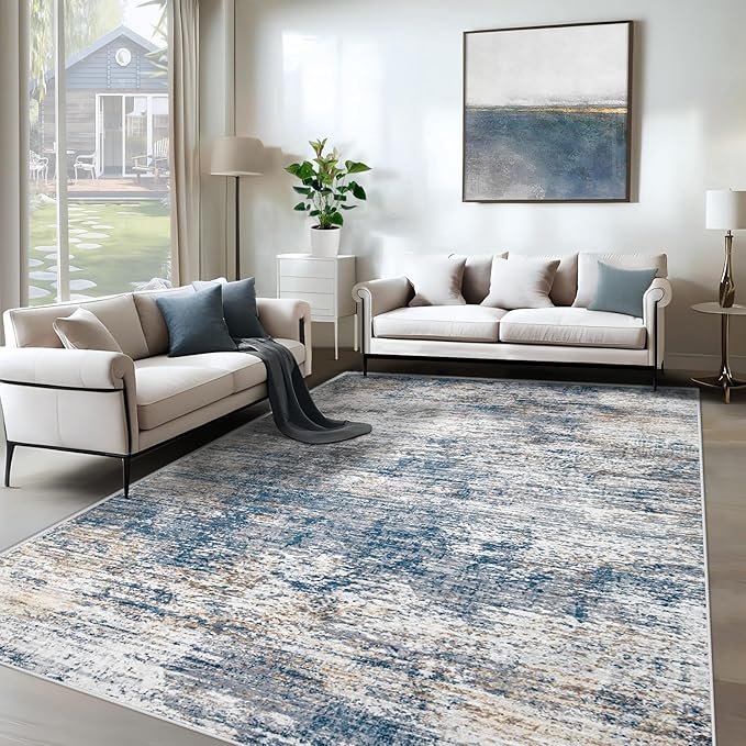 6x9 Area Rugs for Living Room, Washable Modern Abstract Large Area Rug Neutral Soft Non Slip Kids Rug Stain Resistant Indoor Carpet for Bedroom Nursery Dining Room Playroom(BlueWhite, 6'x9')