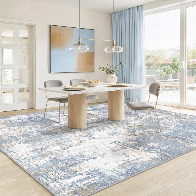 Washable Area Rugs 6'x9' Non-Slip Modern Abstract Soft for Living Room Entryway Bedroom Nursery, Print Pattern, Light Blue