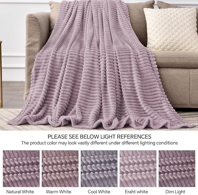 BEDELITE Fleece Throw Blanket for Couch – 3D Ribbed Jacquard Soft and Warm Decorative Fuzzy Blanket – Cozy, Fluffy, Plush Lightweight Dusky Violet Throw Blankets for Bed, Sofa, 50x60 inches