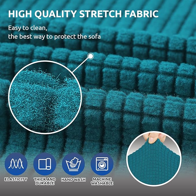 KEKUOU Stretch Sofa Cover Slipcover ，Couch Covers for 3 Cushion Couch Sofa pet Friendly (78"-94") Furniture Protector Sofa with Elastic Bottom for Kids,Dog, Jacquard Small Checked(Large,Peacock Blue)