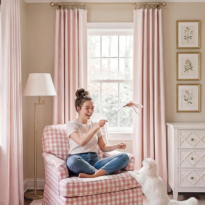 RYB HOME Pink 100%Blackout Linen Curtains for Girl's Room W52 x L84, Thermal Insulated &Privacy Assurd Curtains for Bedroom/Nursery/Living Room, Rod Pocket&Back Tab Drapes Boho Vintage Style, 2 Panels