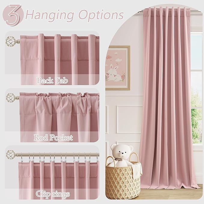 Guken 100% Blackout Linen Curtains 63 Inch 2 Panels Set for Girl's Bedroom, Living Room, Nursery, Back Tab Thermal Insulated Black Out Drapes Room Darkening, Pink
