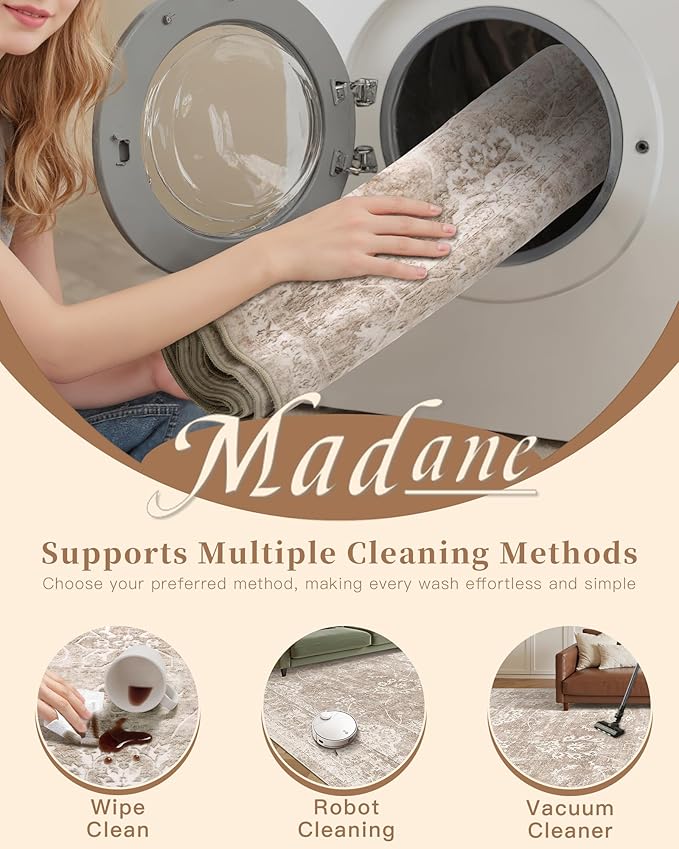 Madane Runner Rug 2x10 for Hallway, Kitchen Non-Slip Runner Rug with Rubber Backing, Vintage Soft Low Pile Throw Neutral Carpet Runner for Laundry Room Entryway Bathroom Bedroom (2 x 10, Brown/Sand)
